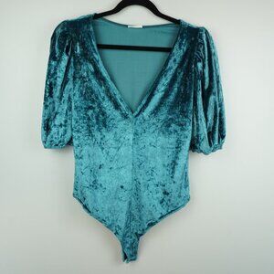 Intimately Free People Don't You Wish Teal‎ Velour Bodysuit Top Size Small